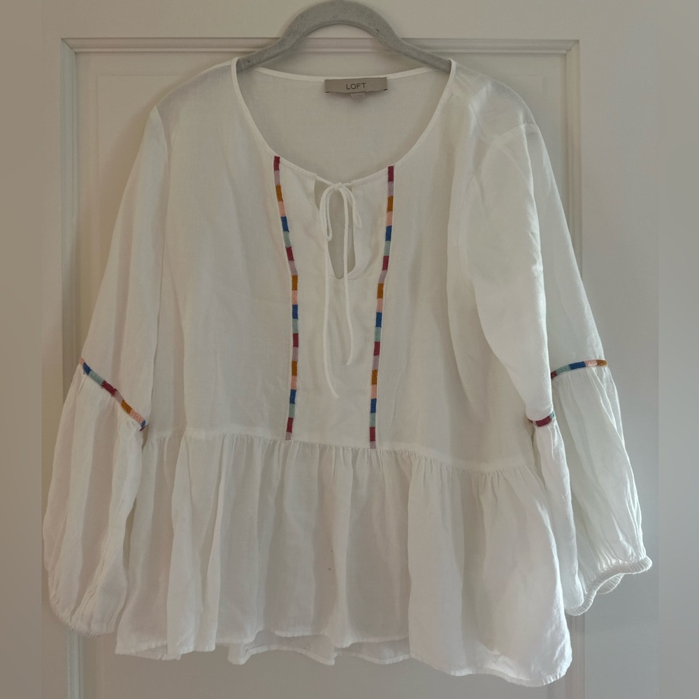LOFT White Peasant Tunic with Multicolor Trim